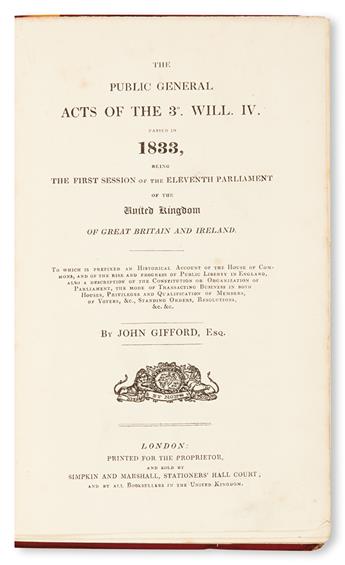 (SLAVERY AND ABOLITION.) GIFFORD, JOHN; EDITOR. An Act for the Abolition of Slavery Throughout the British Colonies, for Promoting the
